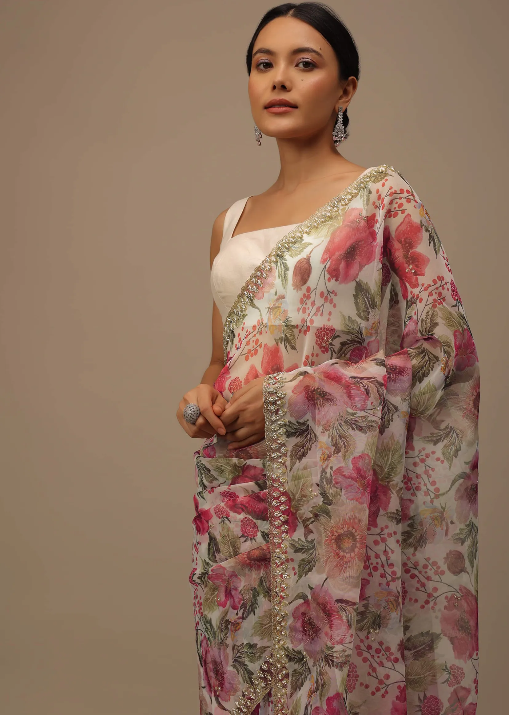 Ivory White Embroidered Organza Saree With Floral Print And Scallop Borders