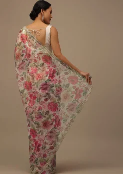 Ivory White Embroidered Organza Saree With Floral Print And Scallop Borders