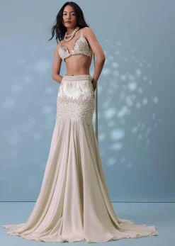 Ivory White Embroidered Trail Lehenga Set In Milano Satin With Tassel Blouse