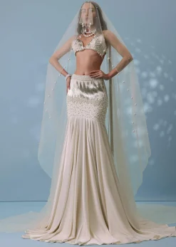 Ivory White Embroidered Trail Lehenga Set In Milano Satin With Tassel Blouse
