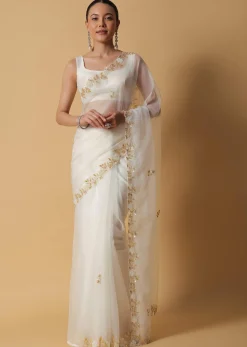 Ivory White Organza Saree With Cut Dana Embroidered Borders