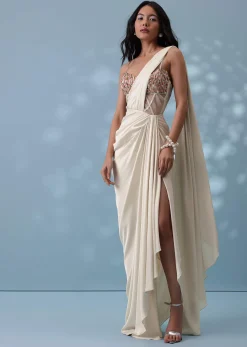 Ivory White Ready-To-Wear Embroidered Drape Saree Gown In Satin