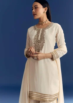 Ivory Zardosi Work Crepe Kurta Sharara Set