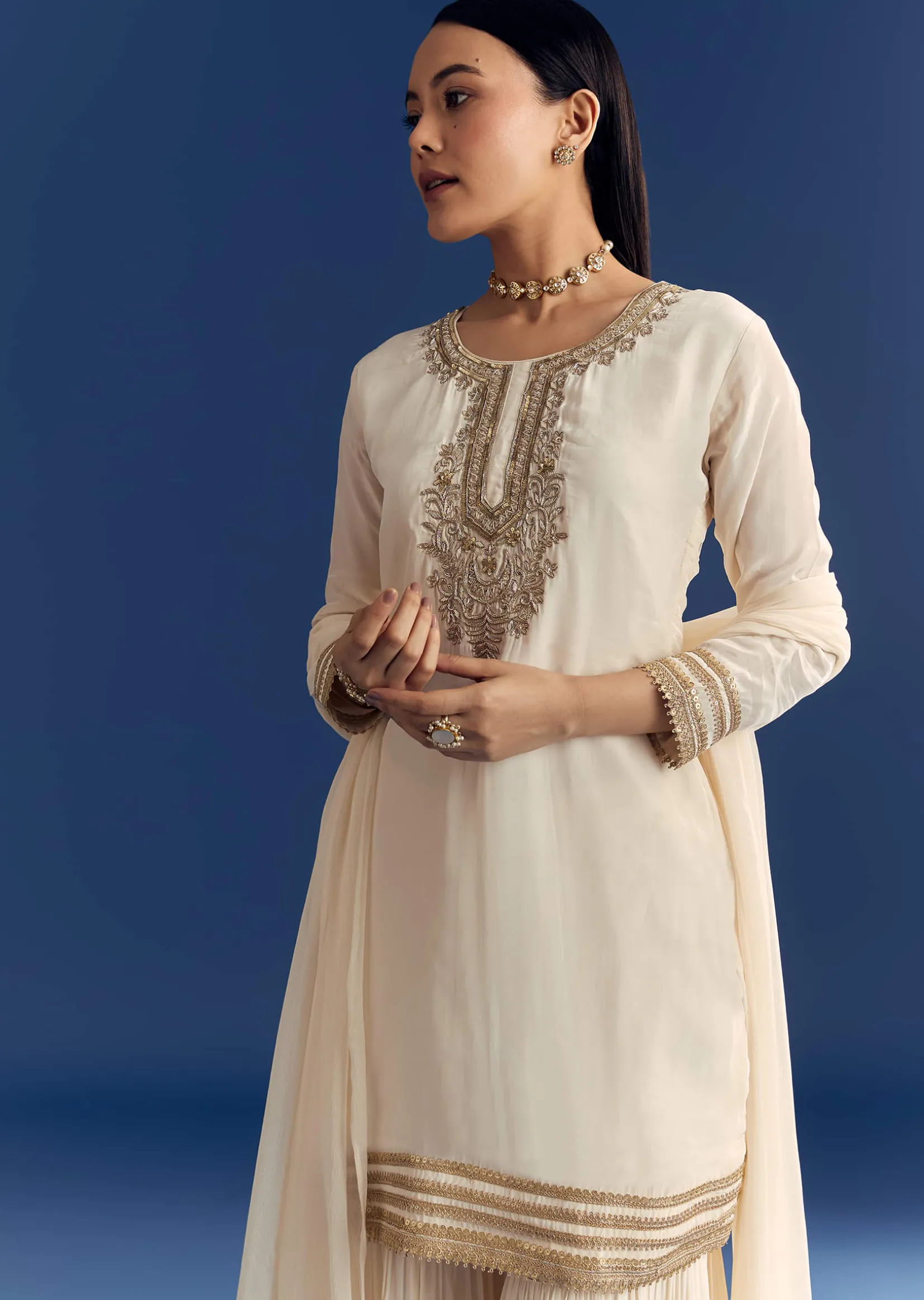 Ivory Zardosi Work Crepe Kurta Sharara Set