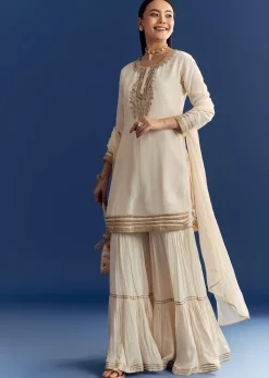 Ivory Zardosi Work Crepe Kurta Sharara Set