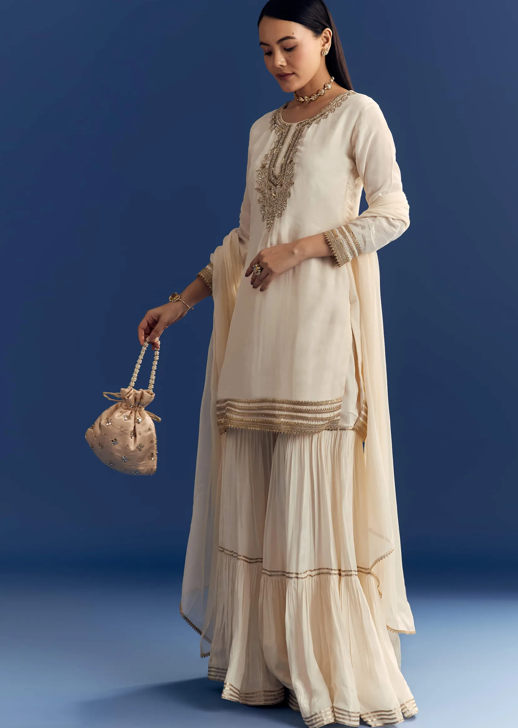 Ivory Zardosi Work Crepe Kurta Sharara Set