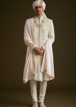 Ivory Zardozi Embroidered Sherwani With Matching Dupatta