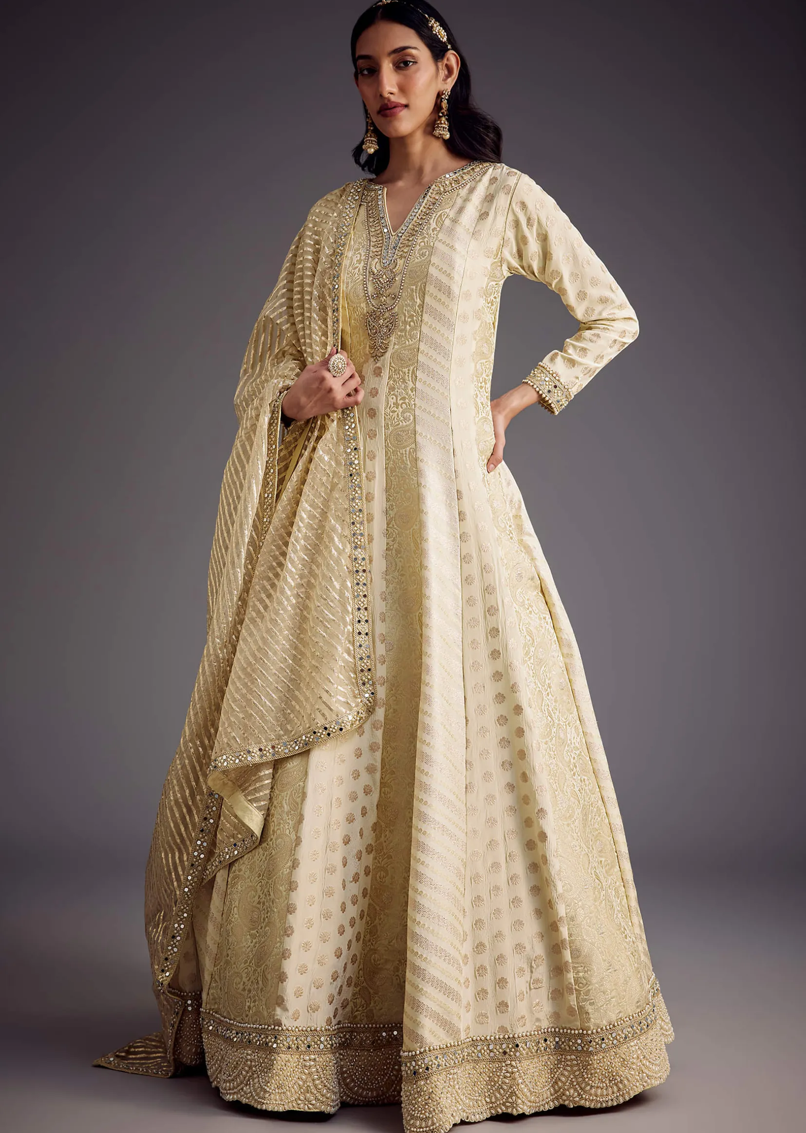 Ivory Zari Embroidered Anarkali With Dupatta