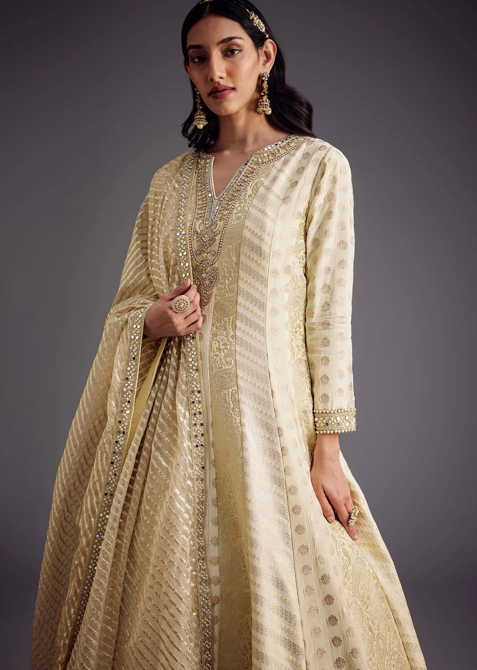 Ivory Zari Embroidered Anarkali With Dupatta