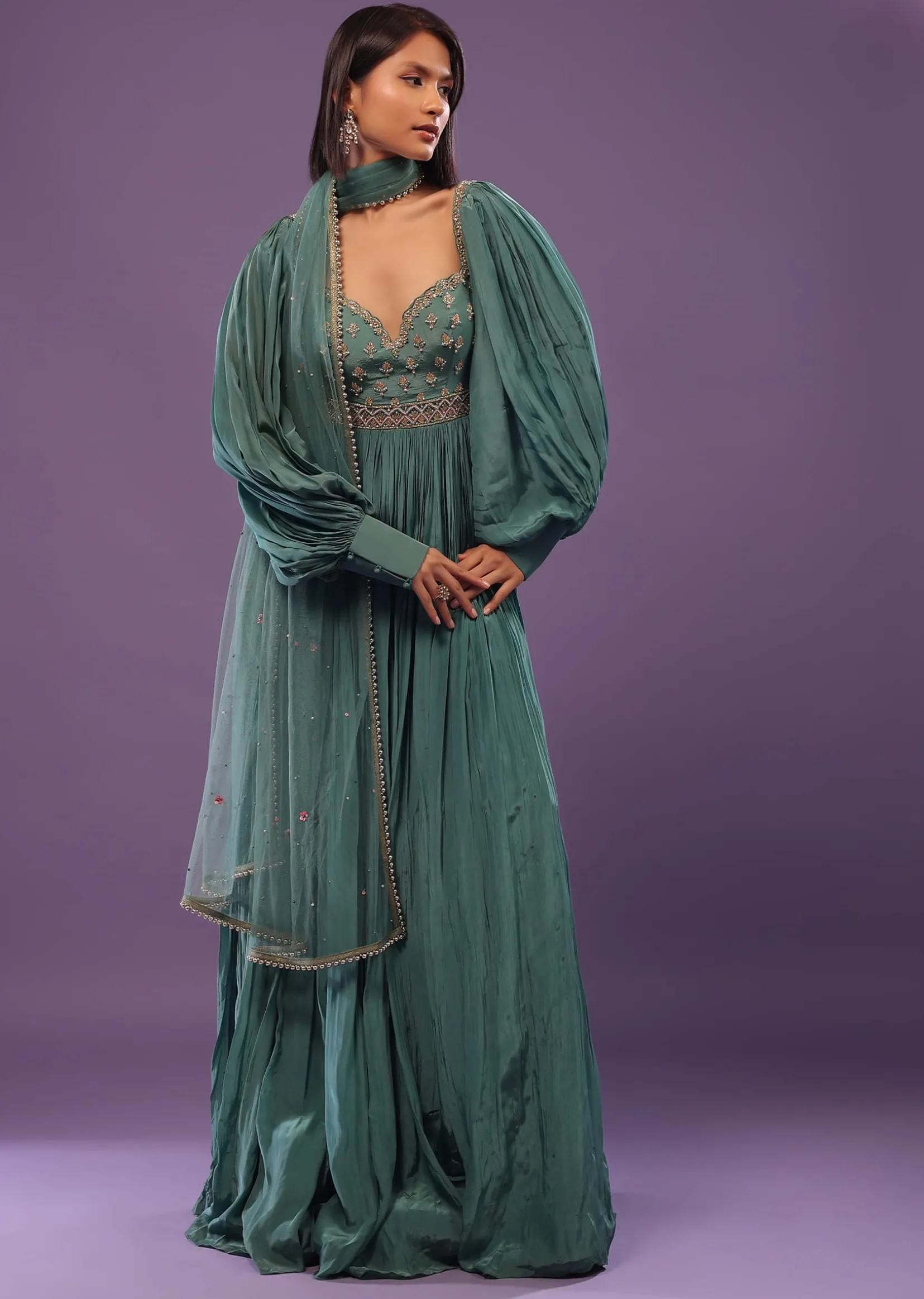 Jade Green Festive Anarkali Suit In Crepe