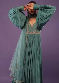 Jade Green Festive Anarkali Suit In Crepe
