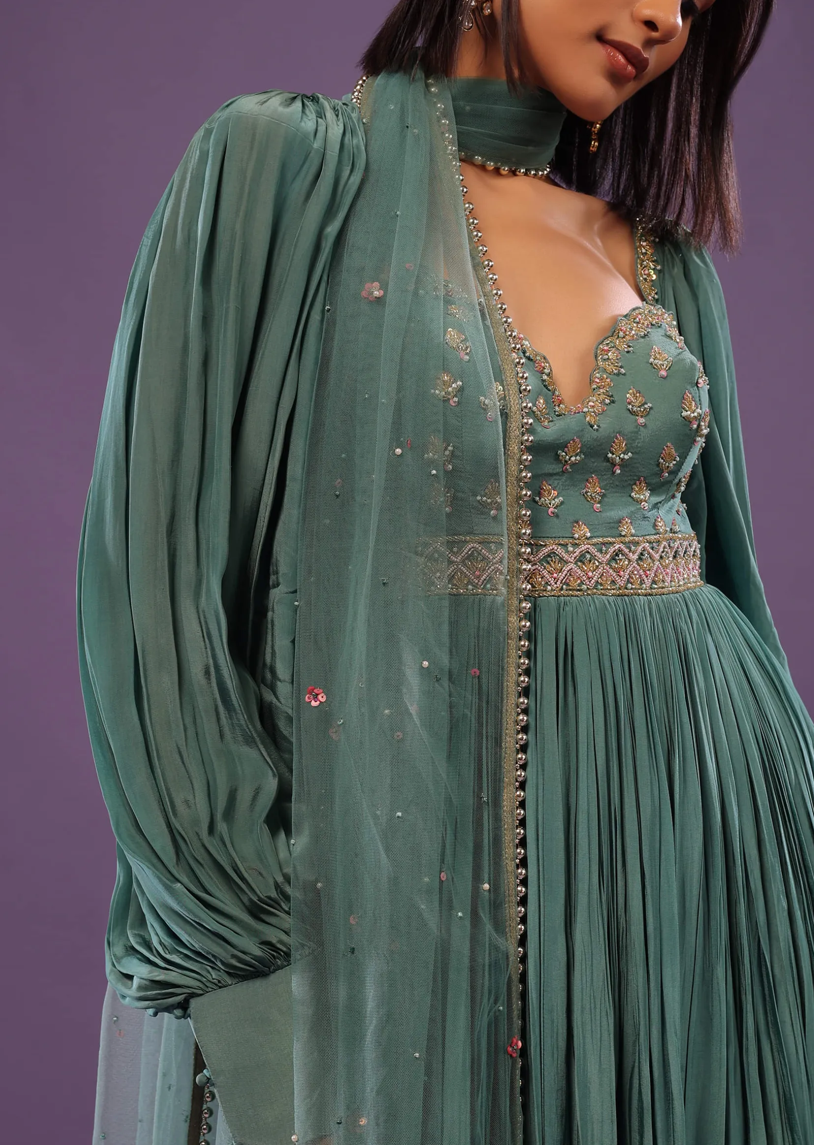 Jade Green Festive Anarkali Suit In Crepe