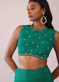 Jade Green Fish-Cut Skirt And Embroidered Blouse Set In Crepe