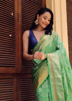 Jade Green Kanjivaram Saree In Zari Weave With An Unstitched Blouse