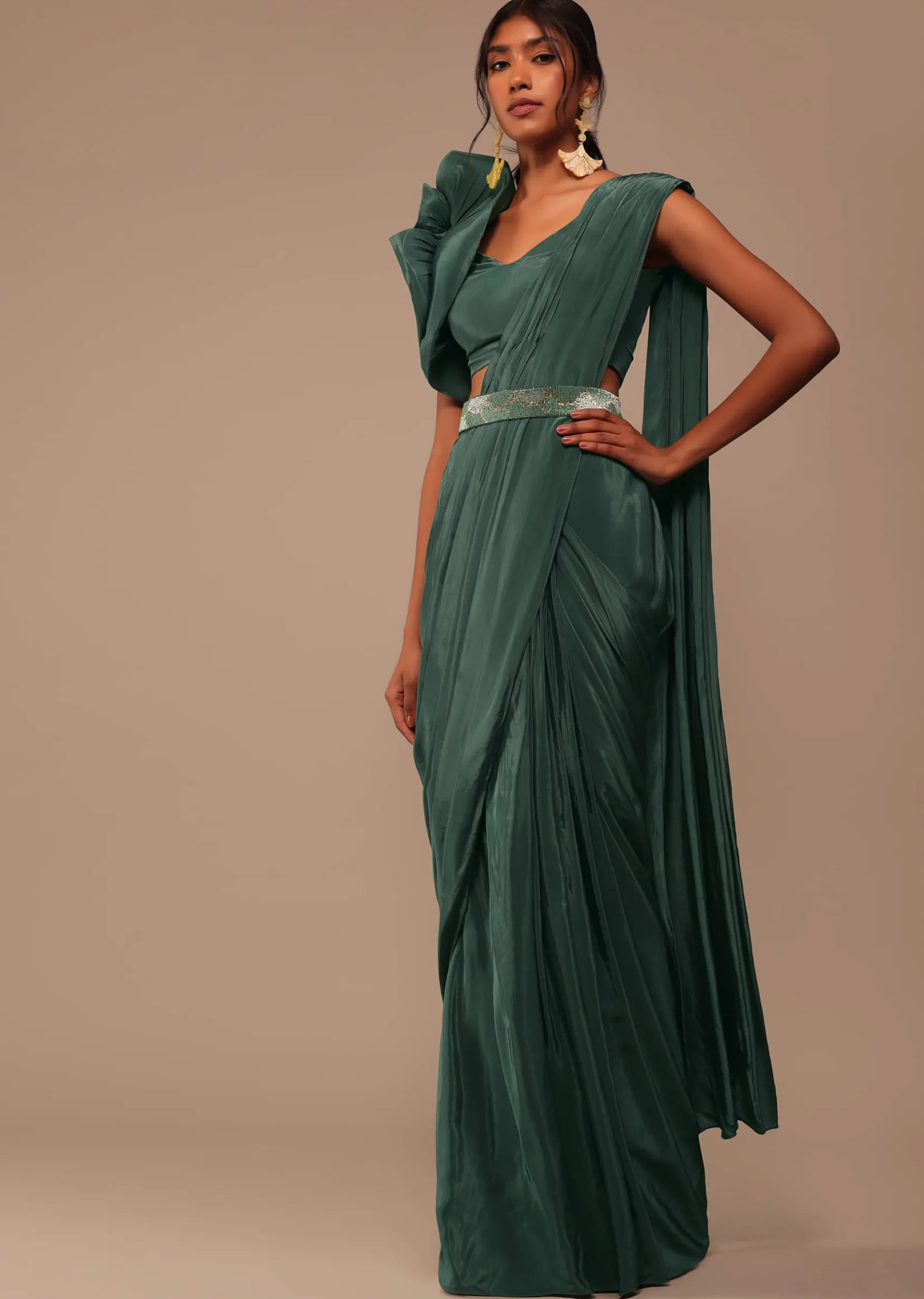 Jade Green Saree With Fancy One Side Flowered Shape Sleeve And Belt