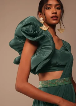 Jade Green Saree With Fancy One Side Flowered Shape Sleeve And Belt