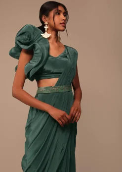 Jade Green Saree With Fancy One Side Flowered Shape Sleeve And Belt