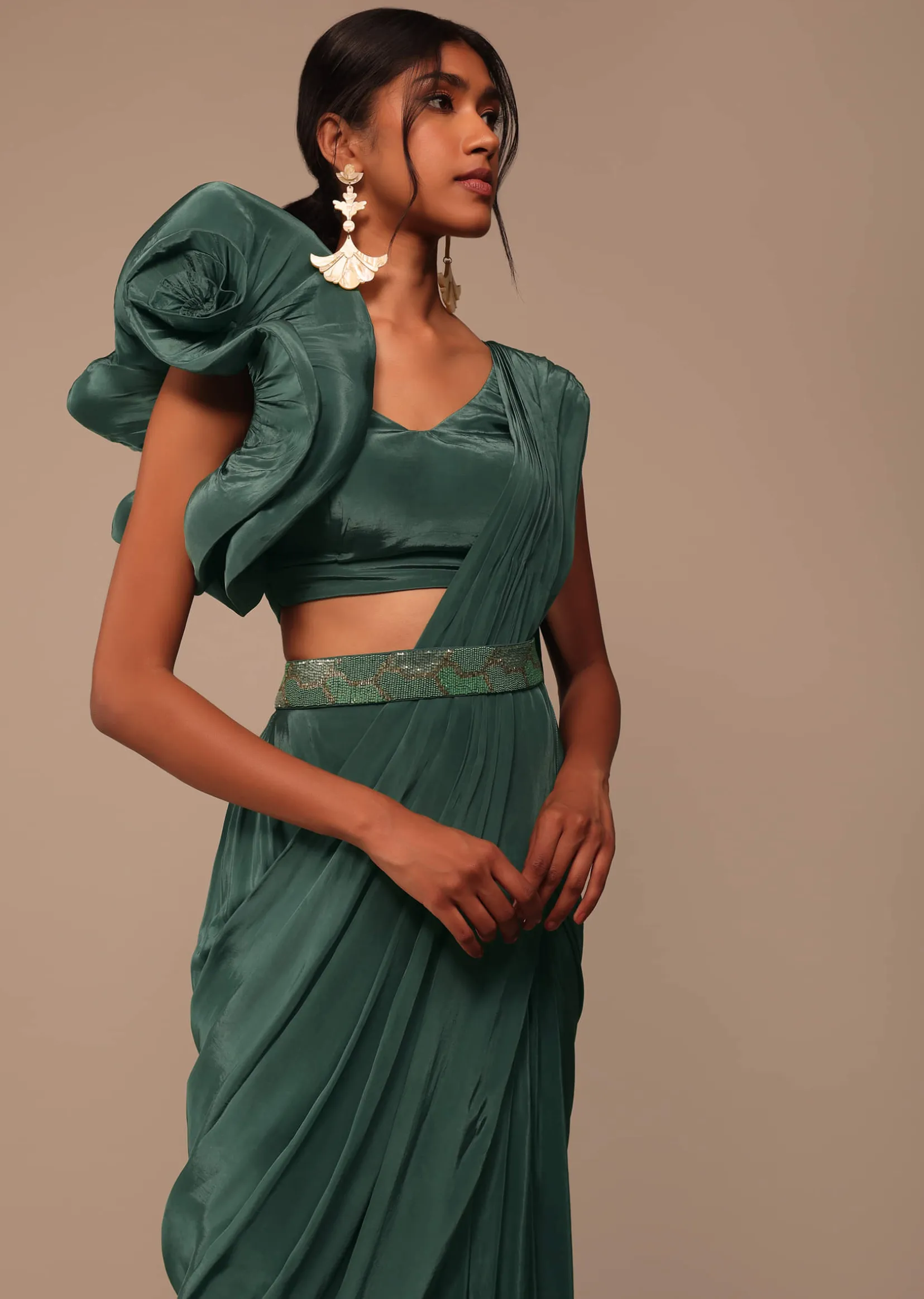Jade Green Saree With Fancy One Side Flowered Shape Sleeve And Belt