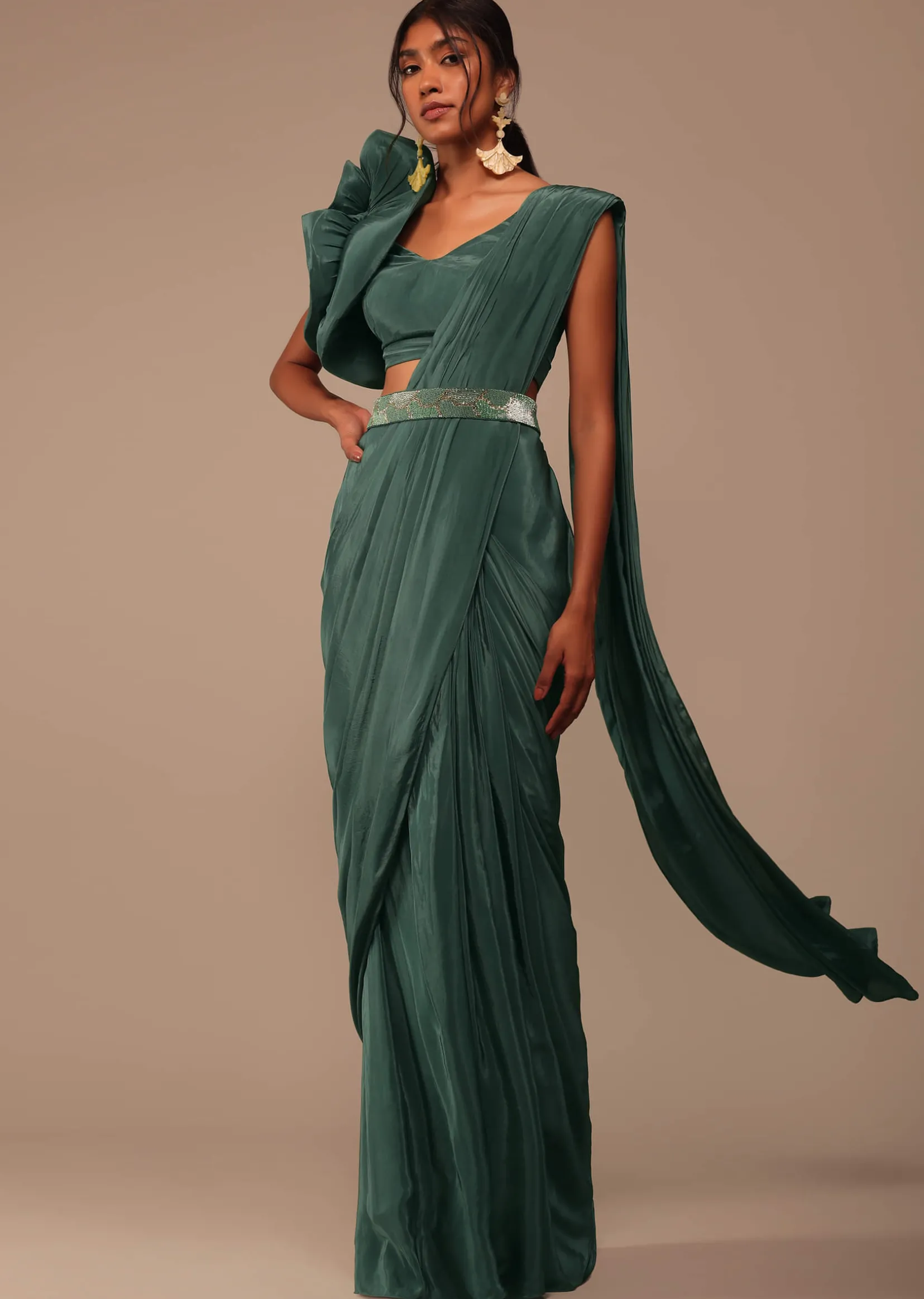 Jade Green Saree With Fancy One Side Flowered Shape Sleeve And Belt