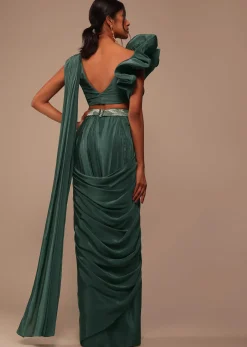 Jade Green Saree With Fancy One Side Flowered Shape Sleeve And Belt