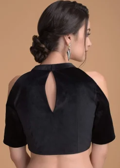 Jet Black Blouse In Velvet With Cut Out On The Neckline