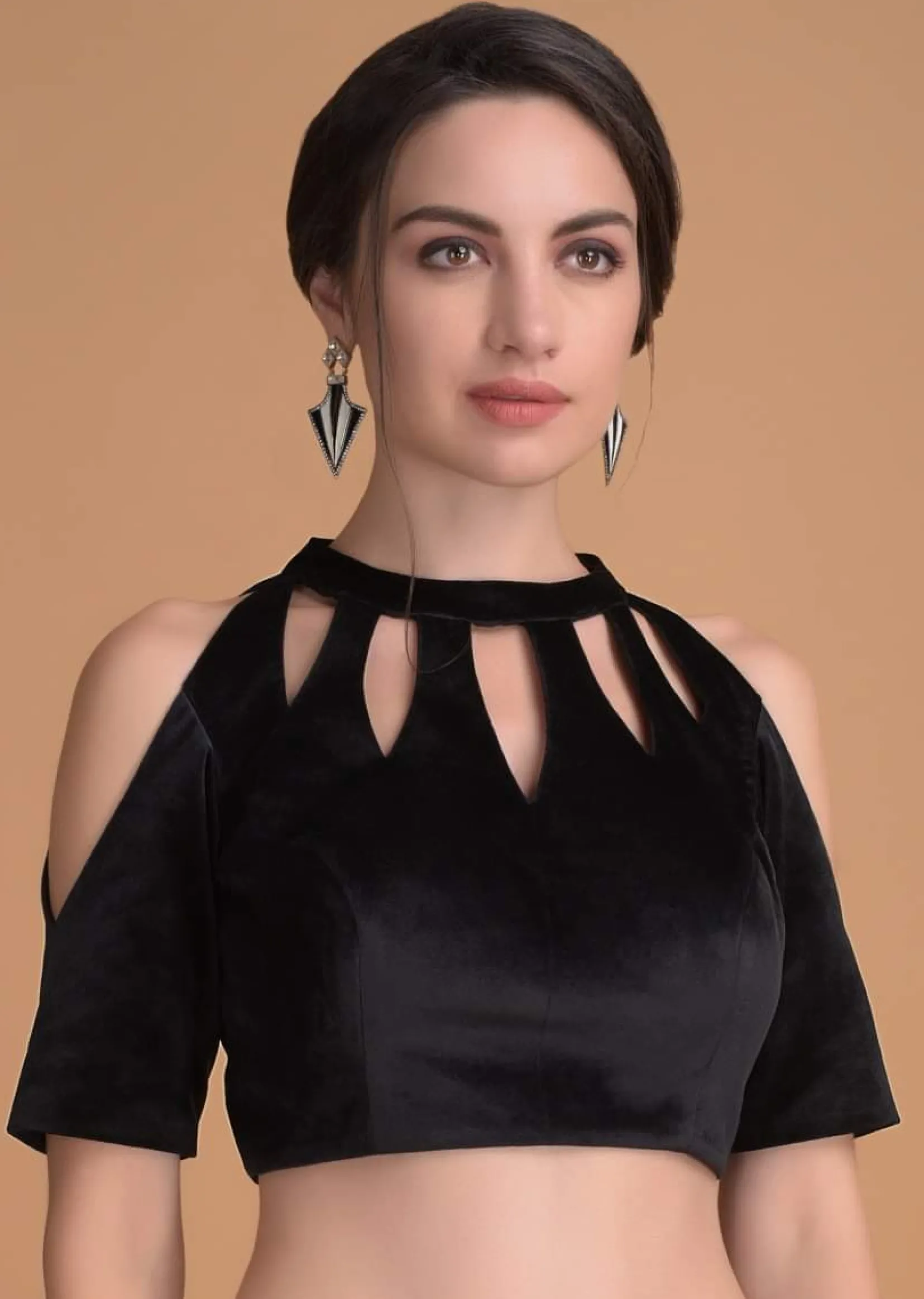 Jet Black Blouse In Velvet With Cut Out On The Neckline