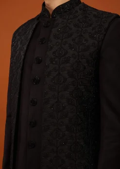 Jet Black Sherwani Set Embroidered In Imported Suiting Fabric