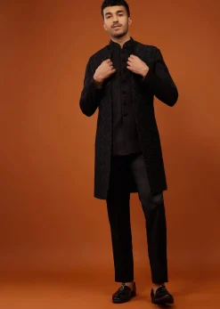Jet Black Sherwani Set Embroidered In Imported Suiting Fabric