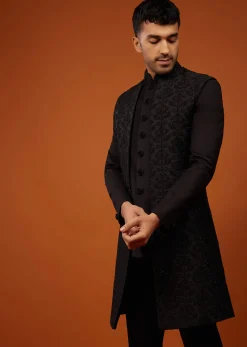 Jet Black Sherwani Set Embroidered In Imported Suiting Fabric