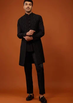 Jet Black Sherwani Set Embroidered In Imported Suiting Fabric