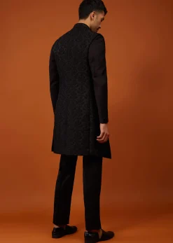 Jet Black Sherwani Set Embroidered In Imported Suiting Fabric