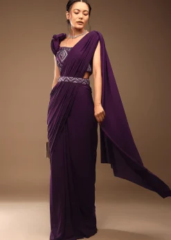 Jewel Purple Pre Stitched Saree With A 3D Flowers Crop Top In Stones And Multi-Colored Embroidery