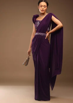 Jewel Purple Pre Stitched Saree With A 3D Flowers Crop Top In Stones And Multi-Colored Embroidery