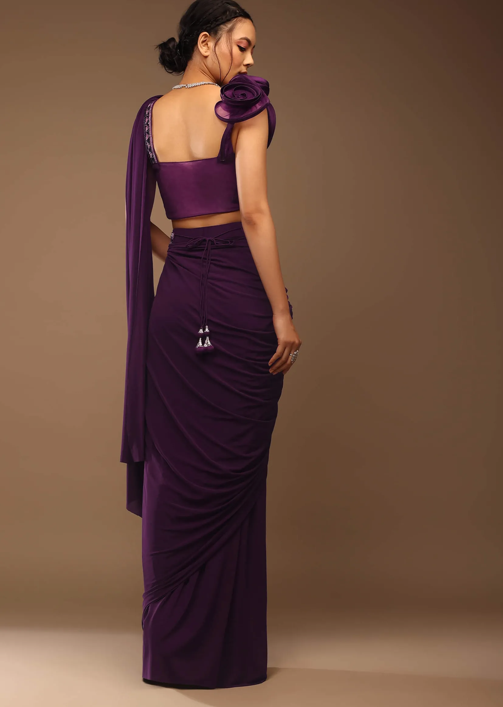 Jewel Purple Pre Stitched Saree With A 3D Flowers Crop Top In Stones And Multi-Colored Embroidery