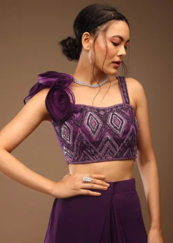 Jewel Purple Pre Stitched Saree With A 3D Flowers Crop Top In Stones And Multi-Colored Embroidery