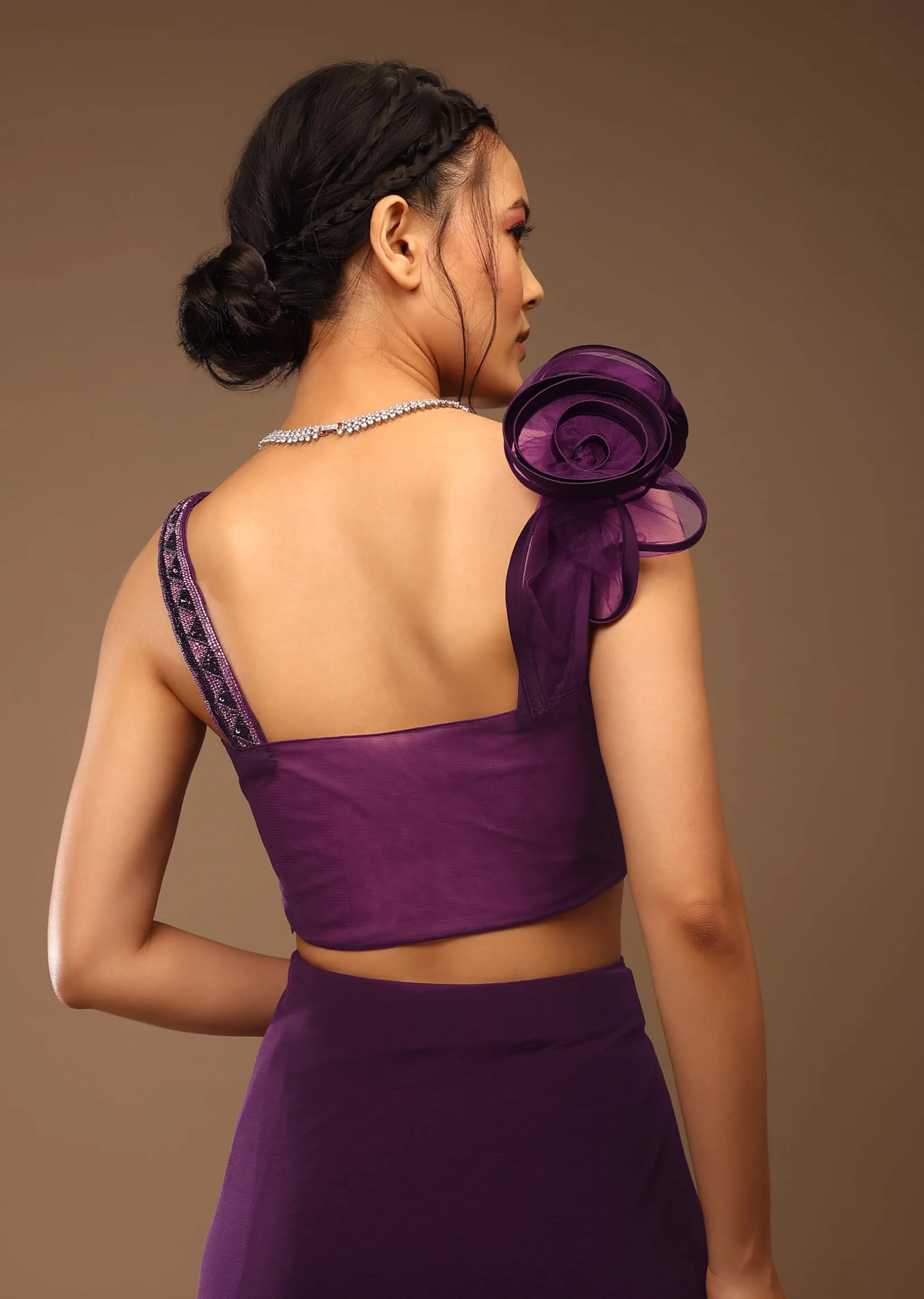 Jewel Purple Pre Stitched Saree With A 3D Flowers Crop Top In Stones And Multi-Colored Embroidery