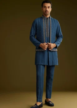 Knit Kurta Jacket Set With Moti Work In Navy Blue