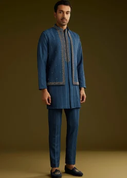 Knit Kurta Jacket Set With Moti Work In Navy Blue