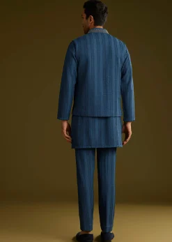 Knit Kurta Jacket Set With Moti Work In Navy Blue
