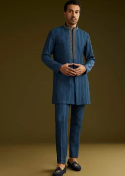 Knit Kurta Jacket Set With Moti Work In Navy Blue