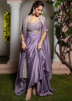 Lavendar Embroidered Crop Top And Sequin Work Jacket With Draped Skirt