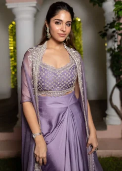 Lavendar Embroidered Crop Top And Sequin Work Jacket With Draped Skirt