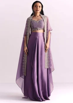 Lavendar Embroidered Crop Top And Sequin Work Jacket With Draped Skirt