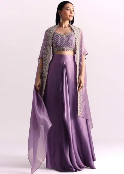 Lavendar Embroidered Crop Top And Sequin Work Jacket With Draped Skirt