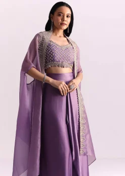 Lavendar Embroidered Crop Top And Sequin Work Jacket With Draped Skirt