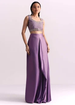 Lavendar Embroidered Crop Top And Sequin Work Jacket With Draped Skirt