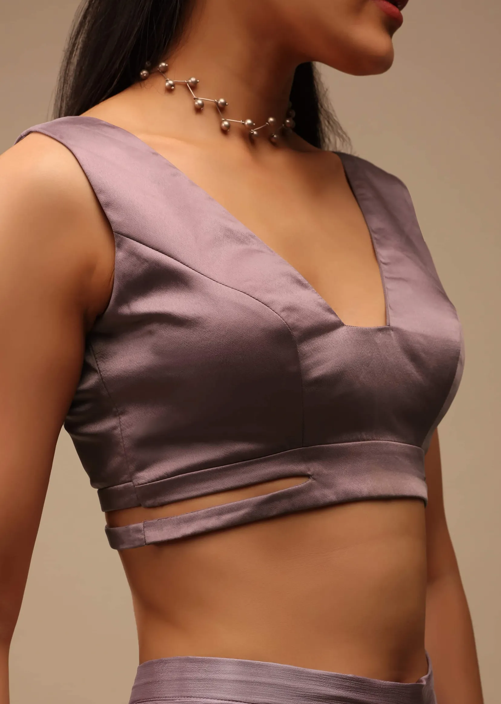 Lavender Ash Sleeveless Blouse In Satin With A Plunging Geometric Neckline