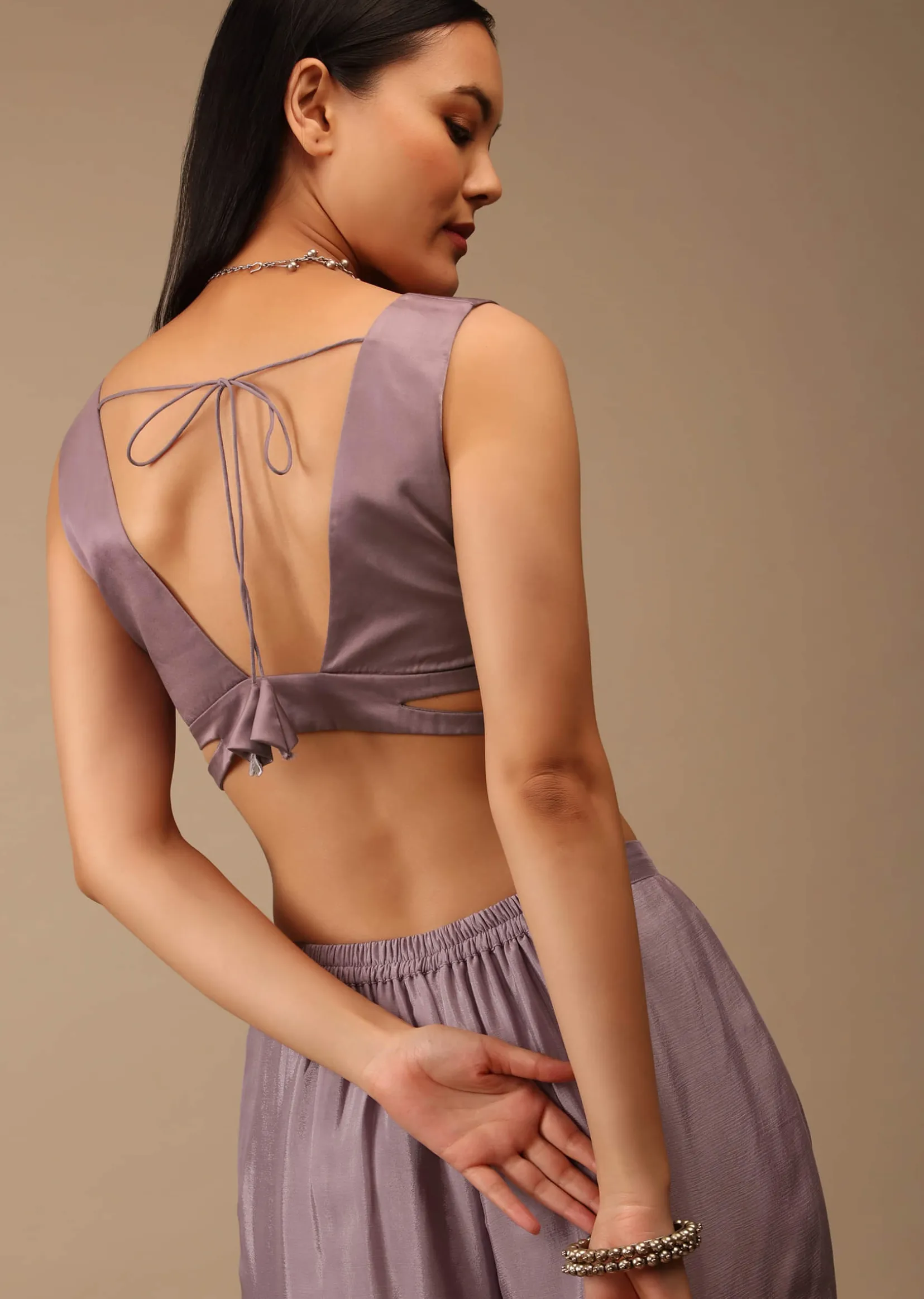Lavender Ash Sleeveless Blouse In Satin With A Plunging Geometric Neckline