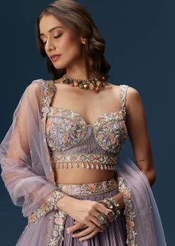 Lavender Bridesmaid Lehenga With Sweetheart Neckline Blouse And Embroidered Dupatta