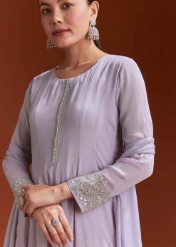 Lavender Chinon Anarkali Suit With Beads And Stone Work